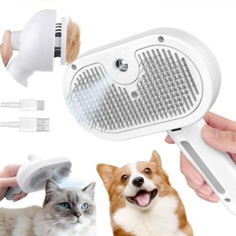 Brosse autonettoyante 3 en 1 pour animaux - Antistatique, outil de toilettage pour poils longs et courts, blanche (1/4)