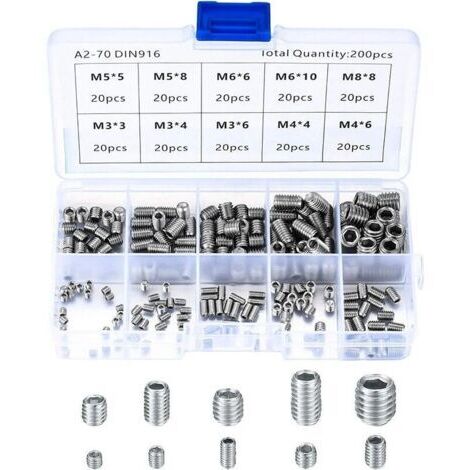 Assortiment Kit de Fixations Vis Pointeau en Acier Inoxydable 304, 200 Pièces Vis Sans Tête M3 M4 M5 M6 M8 (1/5)