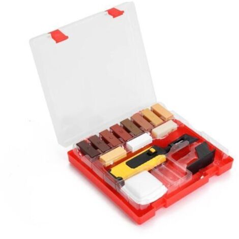 Kit de Réparation pour Sol Stratifié: Cire pour Plancher & Plan de Travail - avec Fer à Cire et 11 Blocs Colorés pour Rayures/Copeaux (1/4)