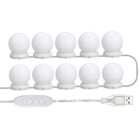 Lampe de miroir LED USB avec 10 ampoules G45, 3 modes d'éclairage (blanc, chaud, naturel) et 10 niveaux de luminosité réglables - Blanc, pour coiffeuse ou salle de bain. (1/5)