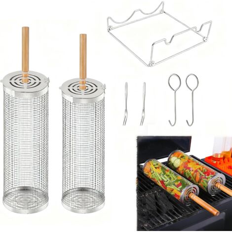 Ortviai Panier de Barbecue Roulant en Acier Inoxidable 304 - Lot de 2 Cylindres avec Manches en Bois et Support de Base - Accessoire Grillade pour Légumes - Inclus 2 Crochets, 2 Fourchettes et Boîte C (1/5)