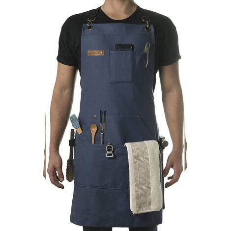 Ortviai Tablier de Chef et BBQ en Toile de Coton Bleue - Tablier de Cuisine Professionnel pour Hommes - Sangles Croisées avec Boucle Rapide - Apron Robuste avec Décapsuleur et Essuie-Mains (1/5)