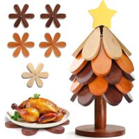 Ortviai Dessous de Plat en Bois de Hêtre - Set de 5 Trivets Pliables en Forme d'Arbre de Noël - Repose-Plat Chaleur Résistant pour Cuisine et Table - Décoration avec Support Étoile Jaune