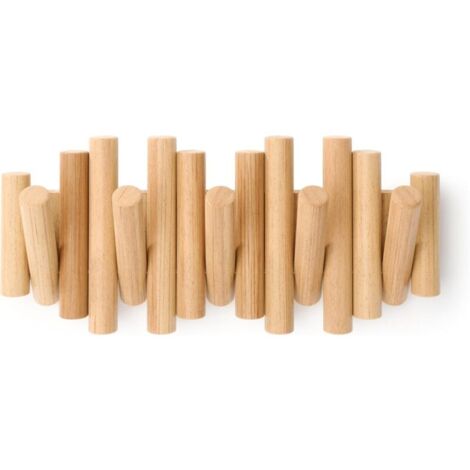 Patère murale avec 5 crochets, bois naturel, 37,1 x 16,5 x 4,4 cm (coloris bois) (1/4)