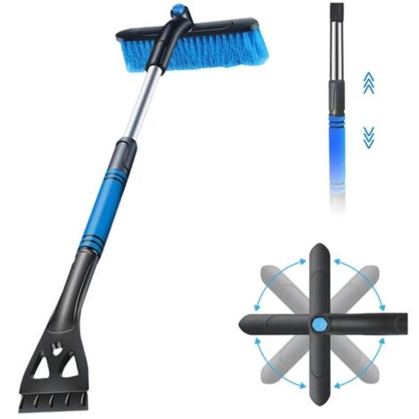 Grattoir à glace 2 en 1 pour voiture avec balai, grattoir à glace et fouet, tête de brosse à 360°, poignée en mousse antidérapante, pour voiture, camion, SUV, pare-brise (bleu)
