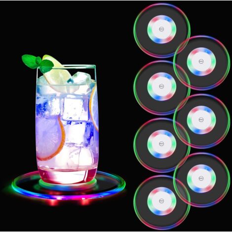 CSPARKV Lot de 7 Dessous de Verre LED Lumineux Coloré, Lumineux Batterie remplaçable 6 Couleurs, sous Verres Ronds Lumineux pour Bière Cocktail Wine, Mariage,Bar, Fête, Noël, Anniversaire (1/4)