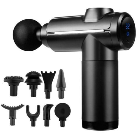 Pistolet de massage des tissus profonds, mini-masseur musculaire à percussion, 32 vitesses réglables, écran tactile LCD, 8 têtes pour les épaules, le corps et le dos, noir