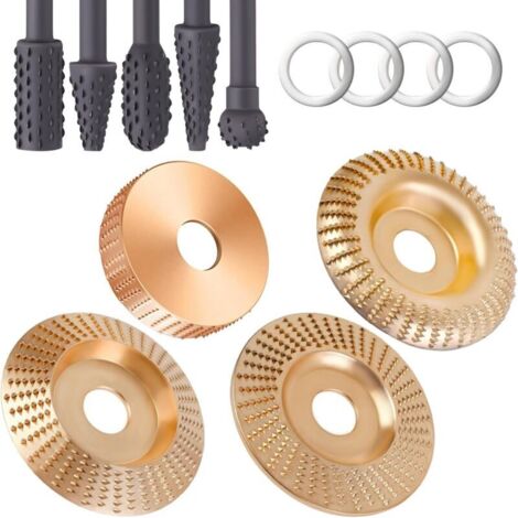 Lot de 4 disques de sculpture sur bois pour meuleuse d'angle + 5 râpes rotatives, meuleuse d'angle 4" ou 4 1/2" avec mandrin 7/8", disques de façonnage pour meuleuse d'angle (1/4)