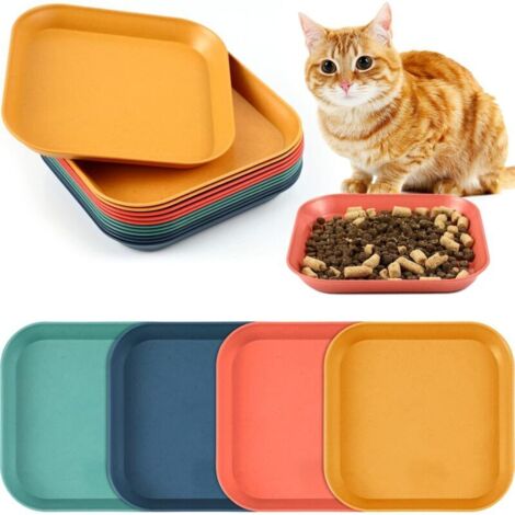 Lot de 12 gamelles pour chat, anti-fatigue, peu profondes, en paille de blé (couleurs vintage, carrées) (1/4)