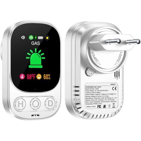 Détecteur de gaz combustible avec prise pour usage domestique, alarme gaz, pour gaz naturel, GPL, méthane, propane, butane, avec batterie rechargeable, blanc, HD05-B (1/4)