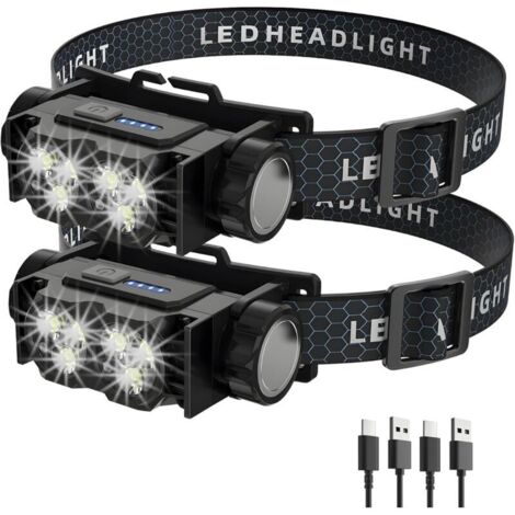 Lot de 2 lampes frontales LED rechargeables – Étanche, affichage de la batterie en temps réel, légères et compactes, idéales pour le camping, la randonnée et le travail, noires