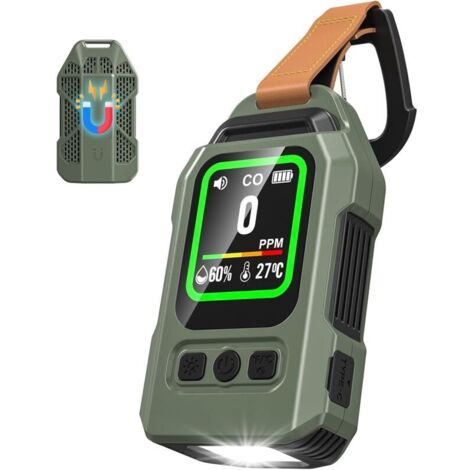 Détecteur de monoxyde de carbone portable, thermomètre et hygromètre avec fonction alarme et lampe torche d'urgence, idéal pour le camping, les voyages, la voiture et la cuisine. (1/4)