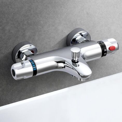 Mitigeur Douche Thermostatique, Mitigeur Baignoire Thermostatique en Laiton, Robinet de Douche Thermostatique avec Bouton de Sécurité 38 °C, Mitigeur Thermostatique de Douche avec 2 So