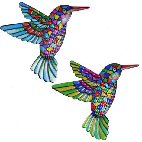 Lot de 2 décorations murales en métal en forme de colibri, sculptures murales colorées en fer forgé, ornements de clôture de jardin extérieur à suspendre pour porche, patio (1/4)