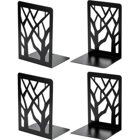 Serre-livres en métal robuste, motif arbre, pour livres et CD, décoratif pour la maison, 12 x 9 x 17,5 cm, noir, 2 paires/4 pièces (1/4)