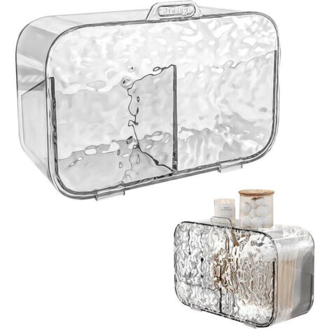 Organisateur de salle de bain, rangement pour maquillage, boîte transparente pour cotons-tiges, fixation murale, avec couvercle et 2 compartiments (1/4)