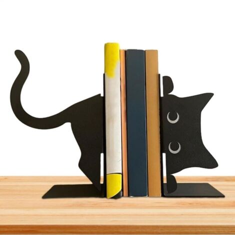 Serre-livres décoratifs en métal avec motif chat noir - Paire pour livres lourds, décoration d'étagère créative et unique
