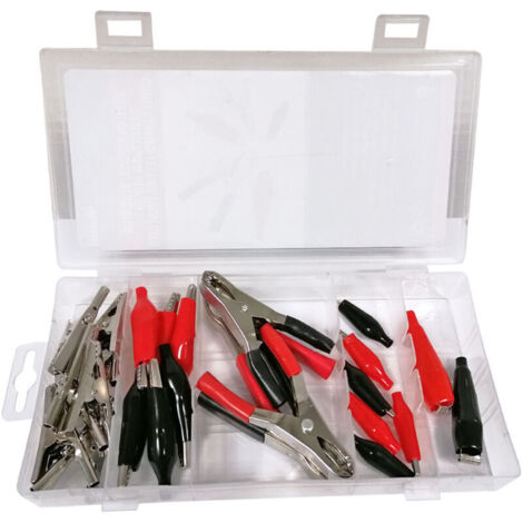 Coffret de 28 pinces crocodiles – 6 pinces 38mm et 50mm – 10 mini pinces – 4 pinces pour chargeur de batterie 10/25/30 Amp