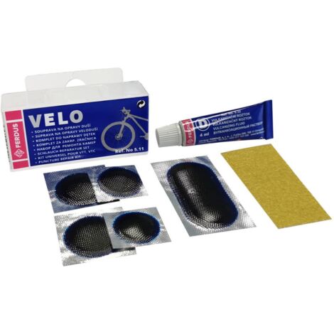 Kit de réparation chambre à air vélo – 7 pièces – 2 rustines rondes 20/25 mm – 1 rustine rectangulaire 50x25 mm – Tube de solution vulcanisant