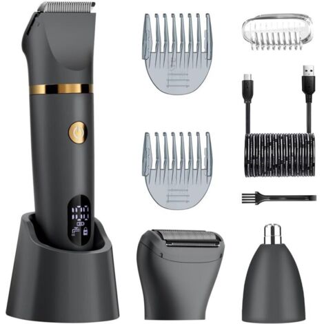 Tondeuse multifonction 3 en 1 pour poils pubiens et corporels, lames en titane, rasoir électrique étanche IPX7, écran LED, humide/sec