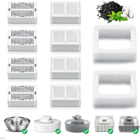 Filtres pour fontaines à eau pour animaux de compagnie – 8 préfiltres à charbon et 2 préfiltres en mousse pour fontaines à eau en porcelaine (8 paquets)