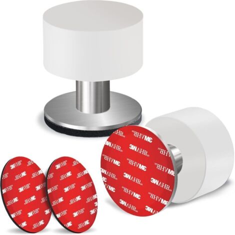 Lot de 2 butées de porte avec autocollants supplémentaires, caoutchouc blanc et corps en acier inoxydable - Butées de porte insonorisées robustes pour la maison et le bureau