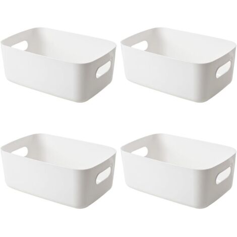 Bac Rangement Plastique, 4pcs Panier Plastique Rangement, Durable, Robuste, Avec Poignées des Deux Côtés, Panier de Rangement Plastique pour Cuisine,Salle de Bain,Chambre D'enfant, Placard(Blanc