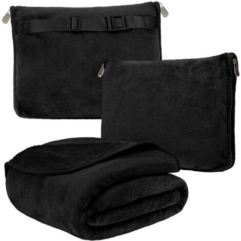Couverture et oreiller de voyage, couverture douce pour avion 2 en 1, pliable, avec sangle pour sac à dos, 100 x 150 cm, noir (1/4)