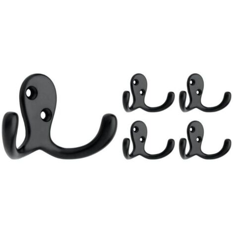 Lot de 5 crochets muraux doubles à 2 broches, noir mat, pour suspendre des manteaux ou des chapeaux, des vêtements, des sacs, des serviettes, etc. (1/4)