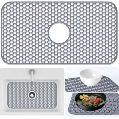 Tapis de protection pour évier de cuisine - 66,5 cm x 35,5 cm, pour évier et vaisselle en acier inoxydable, tapis de protection en caoutchouc avec évacuation centrale (gris) (1/4)