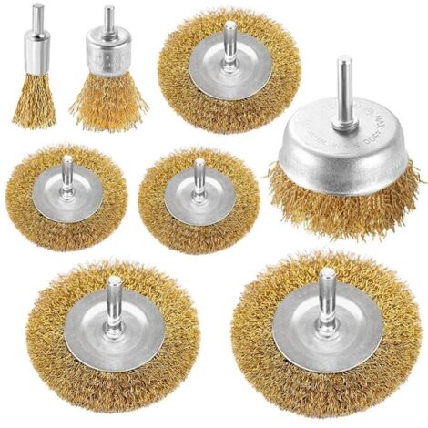 Ensemble de 8 brosses coupelles métalliques pour perceuses, avec revêtement en laiton, tige de 6,35 mm pour le nettoyage de la rouille, des flocons et des abrasifs.