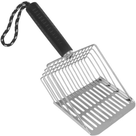 Pelle à litière pour chat, robuste et durable, en métal, tamis en acier inoxydable, robuste, pour bac à litière, manche en caoutchouc noir