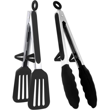 Lot de 2 pinces de cuisine en silicone avec repose-cuillère, manche antidérapant en acier inoxydable pour la cuisson, la friture, le steak et le service (23 cm)
