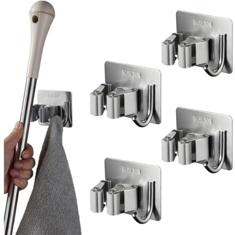Lot de 4 Accroche Balai Mural Sans Percer en Acier Inoxydable,Porte Balais Mural Sans Percage,Support Balai Adhesif,Range Balai Mural,Rangement Balai Pour Salle de Bain, Cuisine, Jardin, Bureau
