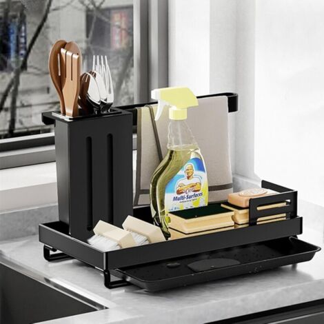 Organisateur d'évier de cuisine, porte-éponge, égouttoir à vaisselle en acier inoxydable, porte-savon, avec porte-chiffon (noir) (1/4)