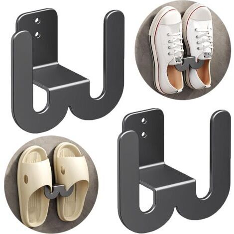 Lot de 2 supports à chaussures muraux en métal - Étagère à chaussures suspendue sans perçage - Montage mural - Porte-chaussures pour porte d'entrée de salle de bain - Noir (1/5)