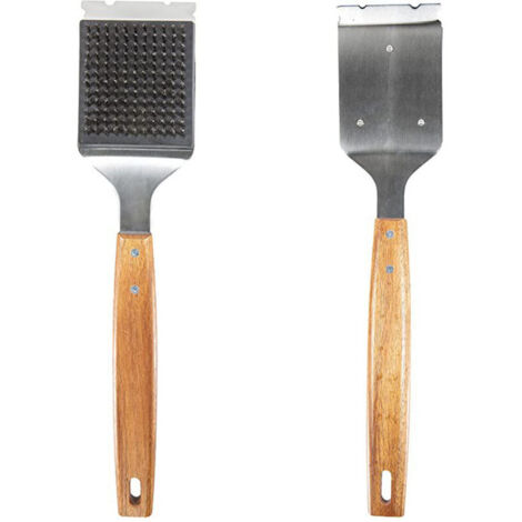 Brosse et grattoir pour gril - Brosse pour gril d'extérieur avec grand manche en bois allongé et tête en poils d'acier inoxydable remplaçable - Brosse pour gril pour tous types de grils