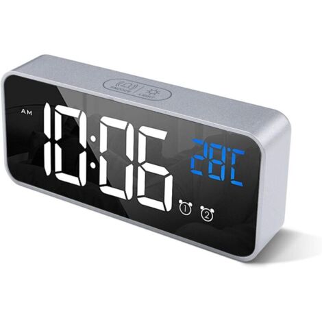 Réveil numérique avec grand affichage LED de la température, réveil miroir portable avec double alarme et luminosité réglable sur 4 niveaux (argent) (1/4)