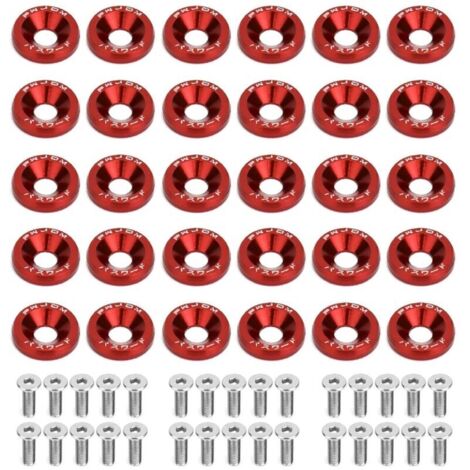 30 Paires M6 Rondelle Anodisé en Aluminium et Vis M620mm en Acier Inoxydable, Rondelle Aluminium Anodisé Carénage, Rondelle de Pare-chocs pour Pare-Chocs Garde-Boue de Voiture (Rouge) (1/4)