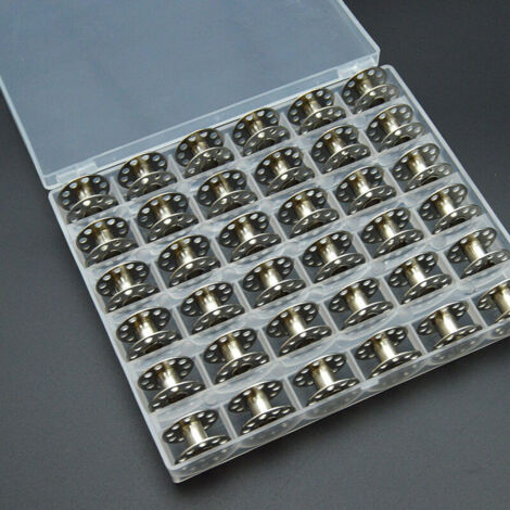 36 canettes pour machines à coudre, accessoires pour machines à coudre avec boîte de rangement, canettes métalliques compatibles avec les machines à coudre à canettes standard. (1/4)