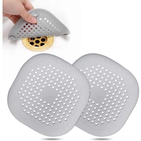 Bouchons à cheveux carrés en silicone avec ventouse, faciles à installer, pour salle de bain, baignoire et cuisine, lot de 2 (gris)