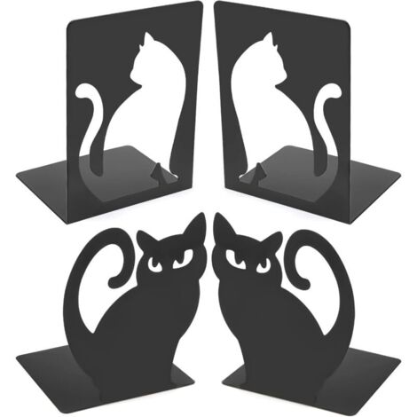Serre-livres chat, serre-livres en métal, 2 paires, cales antidérapantes pour étagères, bureaux, bibliothèques, maison et école (120 x 105 x 160 mm, noir)