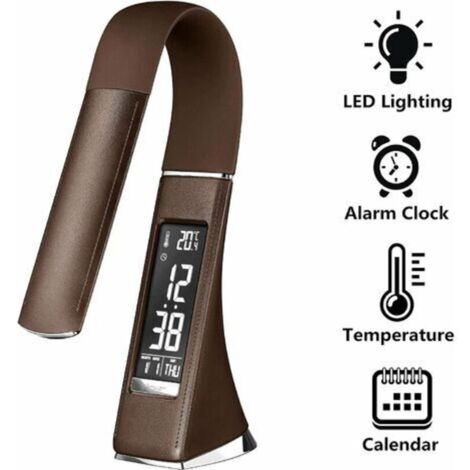 LED Lampe de Bureau avec Écran Dimmable, Réveil, Calendrier, Affichage de la Température, Lampe de Chevet avec 3 Niveaux de Luminosité, Lampe de Table Contrôle Tactile,Marron [Classe énergétique A] (1/4)