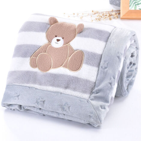Couverture bébé, double couche flanelle douce couverture bébé hiver chaud rayure peluche tout-petit couverture confortable poussette couverture (ours gris