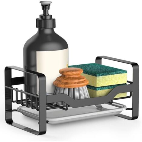 Porte-éponge pour évier de cuisine, organiseur pour distributeur de savon et brosse, organiseur de comptoir pour évier avec bac de vidange amovible (1/4)