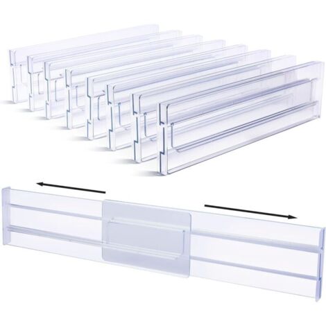 Séparateurs de tiroir en plastique, réglables, lot de 8 (30,99-55,12 cm), séparateur de tiroir transparent, organisateur de tiroir pour rangement de cuisine, chambre à coucher, commode (1/4)