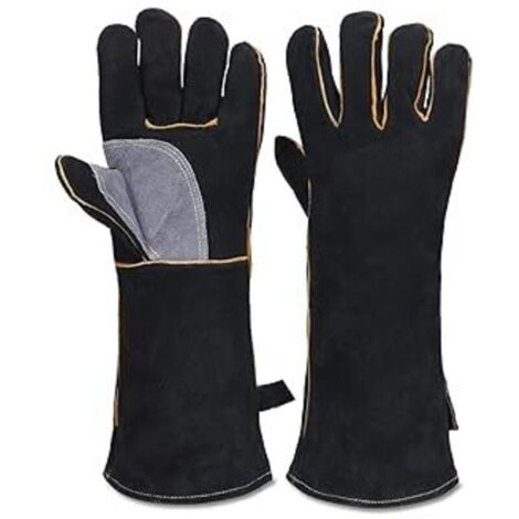 Gants en cuir ignifuges haute température avec coutures en Kevlar, parfaits pour cheminée, cuisinière, four, gril, soudage et manipulation d'animaux, noir-gris (1/4)