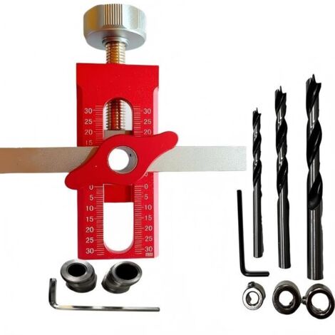 Gabarit d'installation de porte d'armoire, outil de montage 2 en 1 en alliage d'aluminium avec positionneur réglable, pour la plupart des portes d'armoire avec 3 forets (rouge) (1/4)