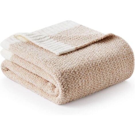 Couverture luxueuse en microfibre beige chiné, réversible, ultra douce, chaude et confortable, couverture en tricot pelucheux pour canapé, lit, camping, beige, 130 x 160 cm (1/4)