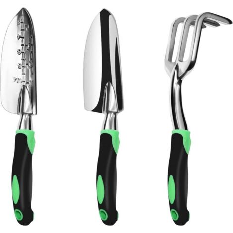 Ensemble d'outils de jardinage, lot de 3, kit de jardinage robuste en aluminium comprenant une truelle à main, une truelle de transplantation et un râteau à main cultivateur